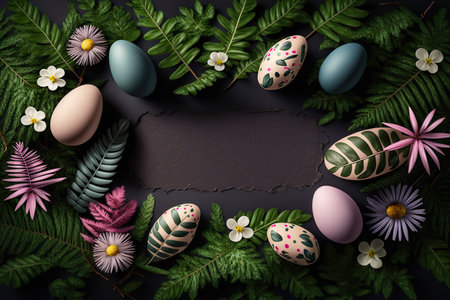 Background with Easter Eggs and Flowers on an a Frame border. Empty space. Generative AIの素材