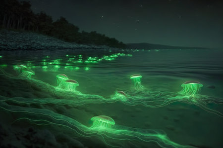 Magic bioluminescent jellyfish glowing in the water. Generative AIの素材