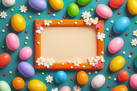 Background with Easter Eggs and Flowers on an a Frame border. Empty space. Generative AIの素材