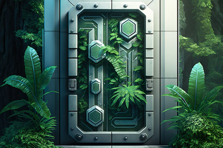 A doorway to a green city. ESG concept. Generative AIの素材