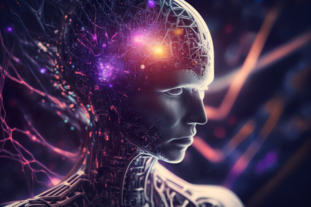 Neural network of artificial intelect. Glowing humanoid. Concept of AI. Generative AIの素材