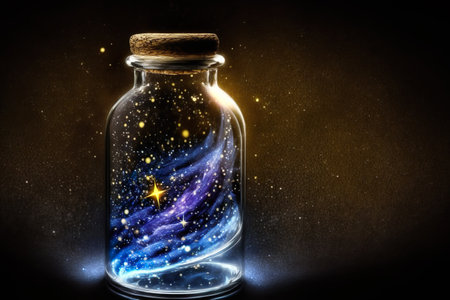 Galaxy closed in an old glass bottle. Generative AIの素材