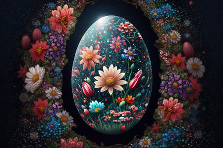 Decorated easter egg surrounded by spring flower frame. Generative AIの素材