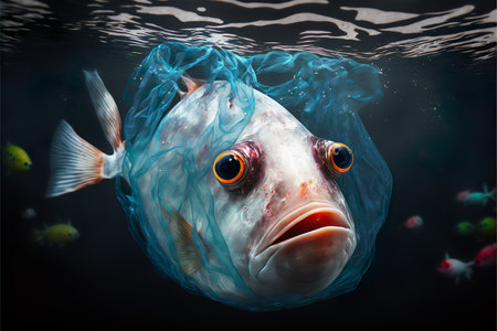 Fish in a plastic bag. Pollution of oceans. Generative AIの素材