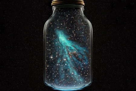 Galaxy closed in an old glass bottle. Generative AIの素材
