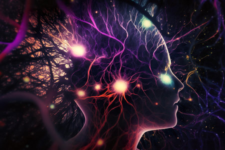 Neural network of artificial intelligence. Glowing humanoid. Concept of AI. generative AIの素材