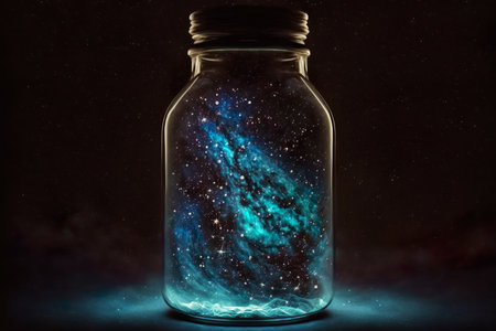 Galaxy closed in an old glass bottle. Generative AIの素材