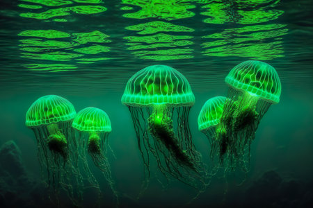 Magic bioluminescent jellyfish glowing in the water. Generative AIの素材