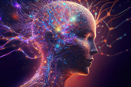 Neural network of artificial intelect. Glowing humanoid. Concept of AI. Generative AIの素材