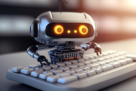Chat GPT robot typing a keyboard answer. Generative AI.の素材