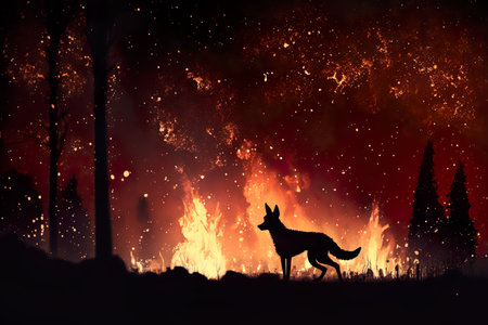 Forest fire at night. Megafire. Animals running from fire. Climate change concept. Generative AIの素材