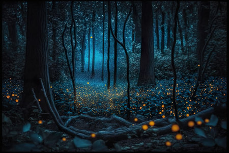 Mystical forest full of fireflies. Generative AIの素材