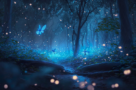 Mystical forest full of fireflies. Generative AIの素材