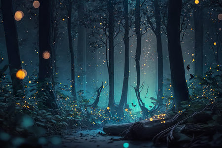 Mystical forest full of fireflies. Generative AIの素材