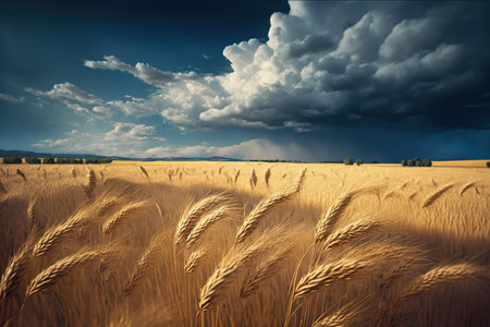 Landscape of wheat fields with cumulus clouds. Dreamy summer landscape. Generative AI.の素材