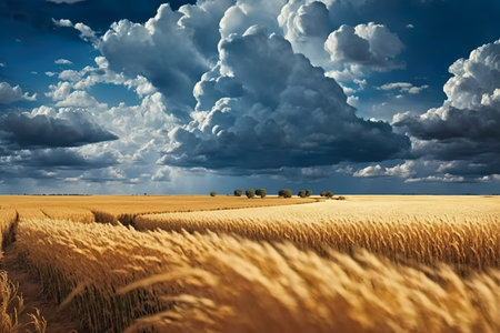Landscape of wheat fields with cumulus clouds. Dreamy summer landscape. Generative AI.の素材