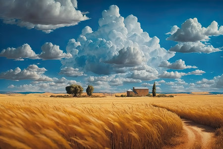 Landscape of wheat fields with cumulus clouds. Dreamy summer landscape. Generative AI.の素材