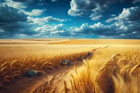 Landscape of wheat fields with cumulus clouds. Dreamy summer landscape. Generative AI.の素材