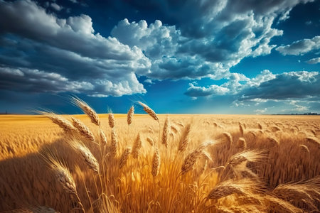 Landscape of wheat fields with cumulus clouds. Dreamy summer landscape. Generative AI.の素材