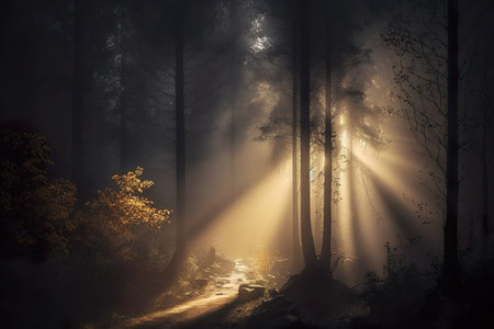 Mystic forest with warm sun rays in the morning light. Generative AIの素材