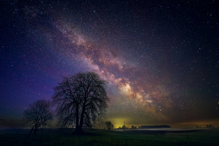 Night landscape with colorful Milky Way, spring skyの写真素材