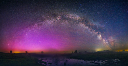 Night landscape with colorful Milky Way, spring skyの写真素材