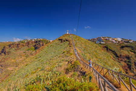 The Christ the King statue on Madeira island - Portugal - travel backgroundの写真素材