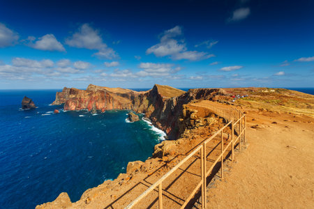 Volcanic sea cliffs of the Sao Lourenco peninsula, eastern Madeira, Portugal, Atlantic Oceanの写真素材
