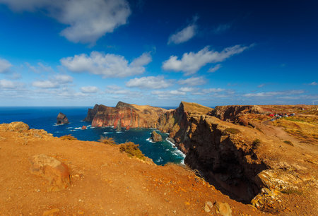 Volcanic sea cliffs of the Sao Lourenco peninsula, eastern Madeira, Portugal, Atlantic Oceanの写真素材