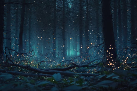 Mystical forest full of fireflies. Generative AIの素材