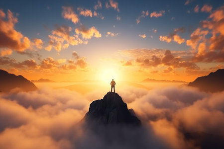 Man standing on a top of the mountain peak above the clouds. Feeling free. Generative AIの素材