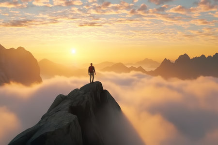 Man standing on a top of the mountain peak above the clouds. Feeling free. Generative AIの素材