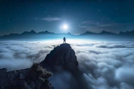Man standing on a top of the mountain peak above the clouds at night. Feeling free. Generative AIの素材