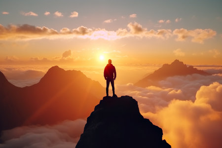 Man standing on a top of the mountain peak above the clouds at night. Feeling free. Generative AIの素材
