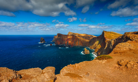 Volcanic sea cliffs of the Sao Lourenco peninsula, eastern Madeira, Portugal, Atlantic Oceanの写真素材