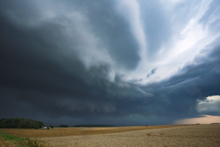 Angry supercell storm influenced byu Climate change. Dangerous storm cloud spinning fastの写真素材
