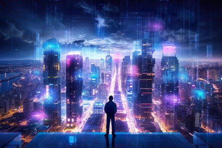 Futuristic cityscape with interconnected smart devices and autonomous vehicles. Generative AIの素材