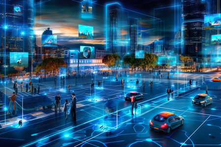 Futuristic cityscape with interconnected smart devices and autonomous vehicles. Generative AIの素材