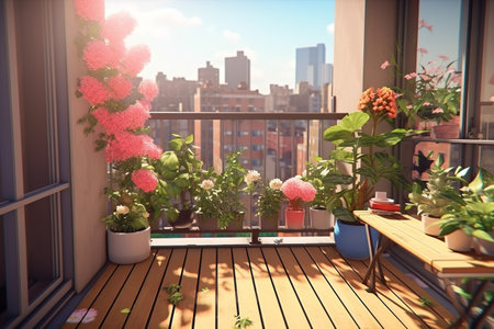 Scene showcasing a balcony garden with colorful flowers and hanging planters in an urban apartment. Generative AIの素材