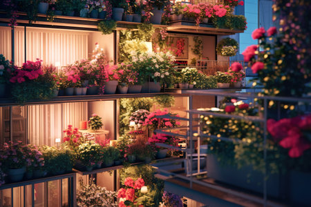Scene showcasing a balcony garden with colorful flowers and hanging planters in an urban apartment. Generative AIの素材