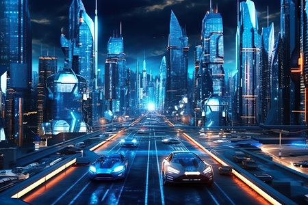 Futuristic cityscape with interconnected smart devices and autonomous vehicles. Generative AIの素材