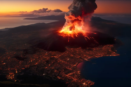 Imagination of Campi Flegrei caldera eruption in Italy. Generative AI.の素材