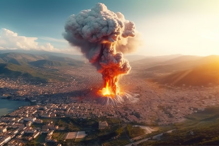 Imagination of Campi Flegrei caldera eruption in Italy. Generative AI.の素材