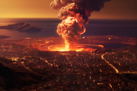 Imagination of Campi Flegrei caldera eruption in Italy. Generative AI.の素材