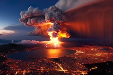 Imagination of Campi Flegrei caldera eruption in Italy. Generative AI.の素材