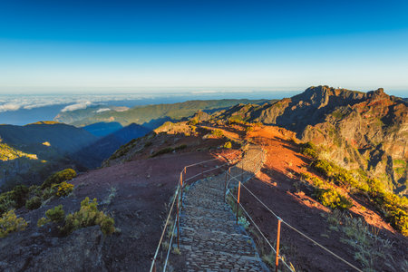 Pico Areeiro mountain peak at Madeira island. Evening view from Ruivo mountain peak.の写真素材