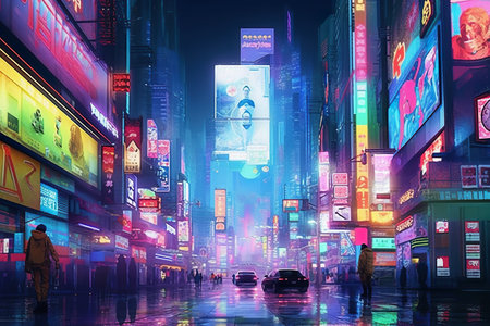Metropolis of the future with billboards. Generative AIの素材