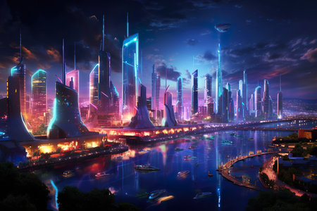 Metropolis of the future with billboards. Generative AIの素材