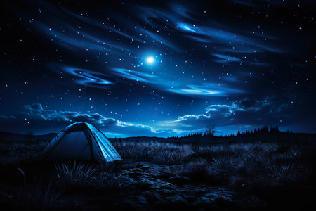 Tent in the wild surrounded by mountains and night sky. Generative AI.の素材