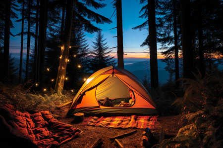 Tent in the wild surrounded by mountains, forests and night sky. Generative AI.の素材